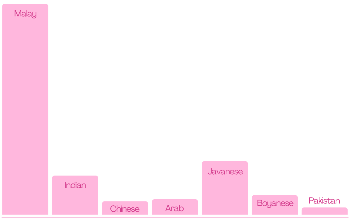 Bar chart showing the demographics distribution. The bars are ordered from highest to lowest frequency: Malay, Javanese Indian, Boyanese, Arab, Chinese, and Pakistan.