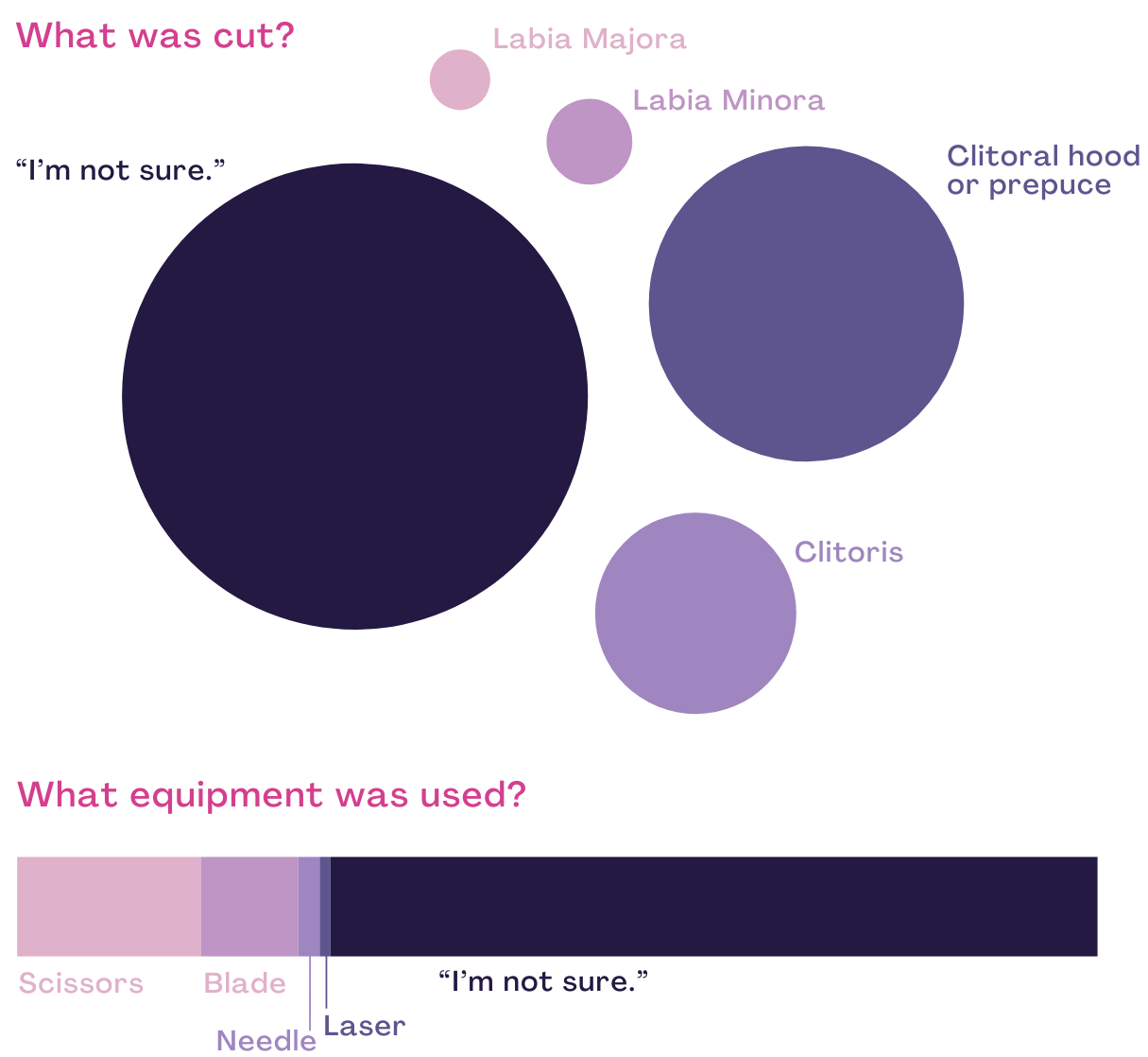 The first is a packed circles chart showing what was cut, with 'I'm not sure' being the most reported action, followed by clitoral hood/prepuce, clitoris, labia minora, and labia majora in order of frequency. The second is a stacked row chart detailing equipment used, where 'I'm not sure' was the most reported, followed by scissors, blade, needle, and laser.
